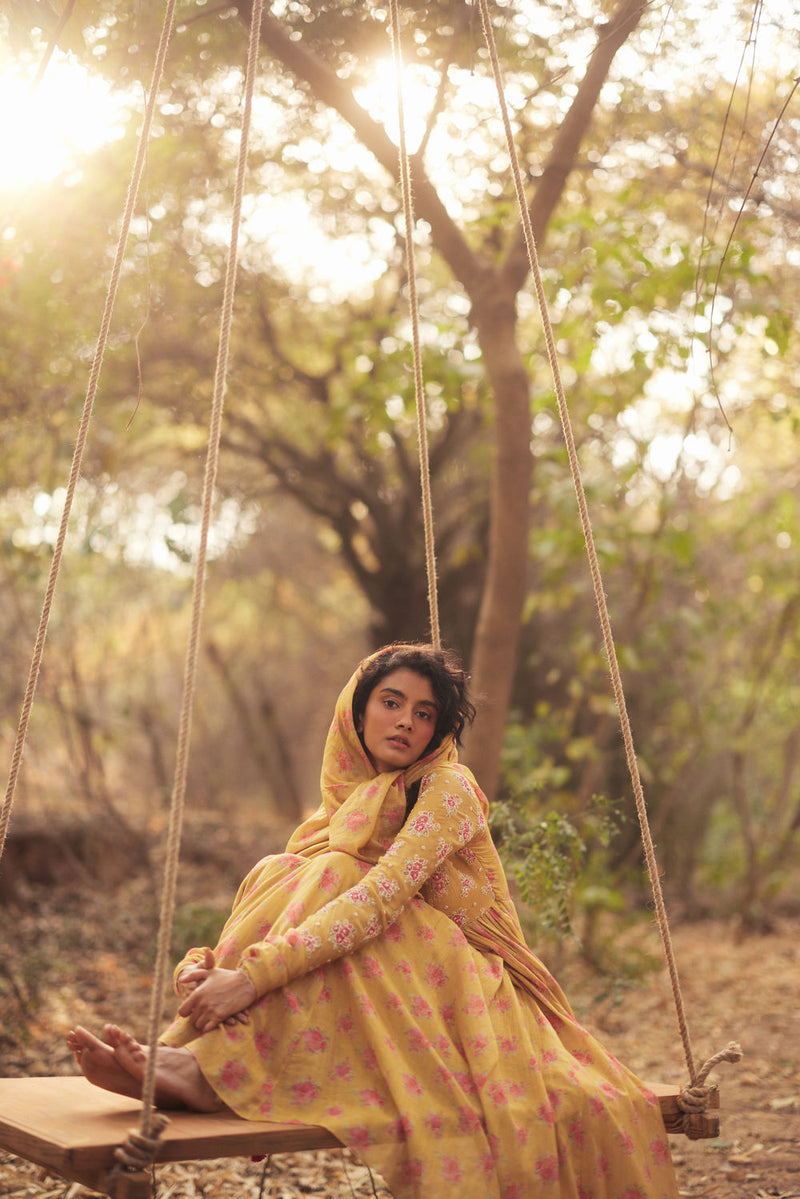 Harlow Anarkali Set-Yellow chanderi by Paulmi & Harsh in golden yellow for women Worldwide