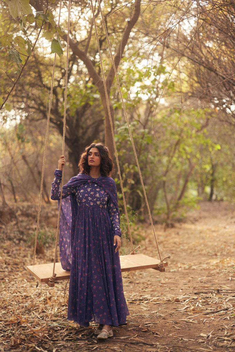 Harlow Anarkali Set-Grape chanderi by Paulmi & Harsh in green for women Worldwide