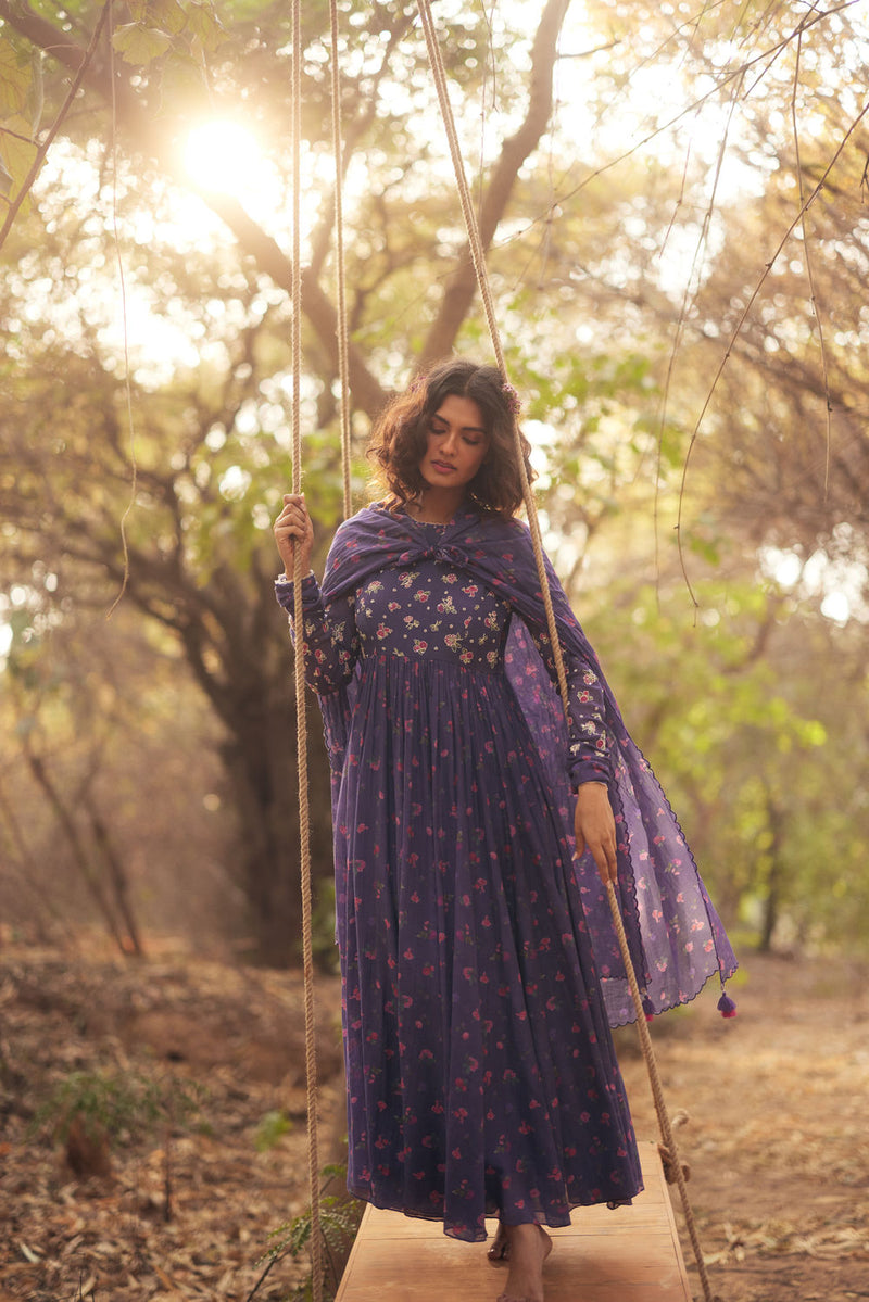 Harlow Anarkali Set-Grape chanderi by Paulmi & Harsh in green for women Worldwide