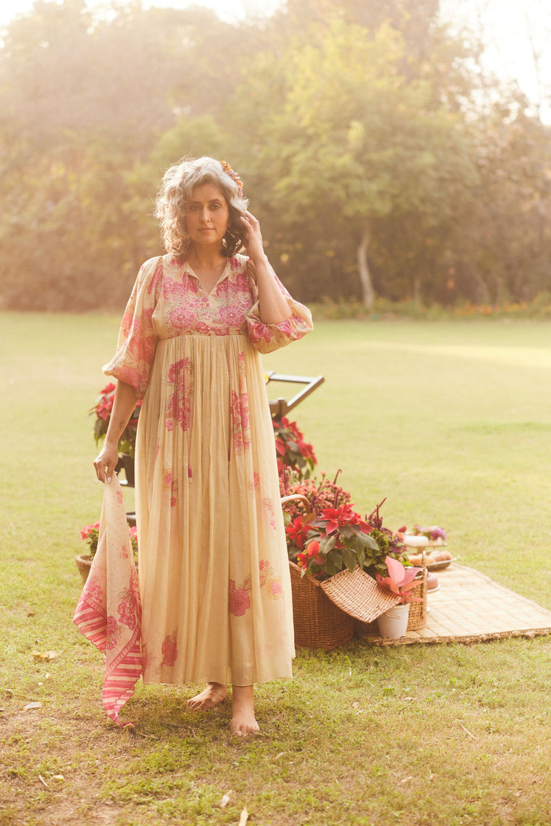 Lucy Maxi Dress Set chanderi by Paulmi & Harsh in ivory for women Worldwide