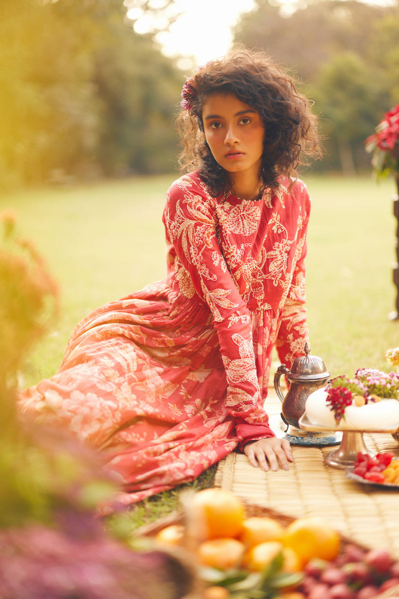 Lark Anarkali Set chanderi by Paulmi & Harsh in red for women Worldwide
