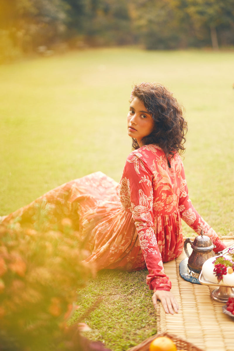 Lark Anarkali Set chanderi by Paulmi & Harsh in red for women Worldwide