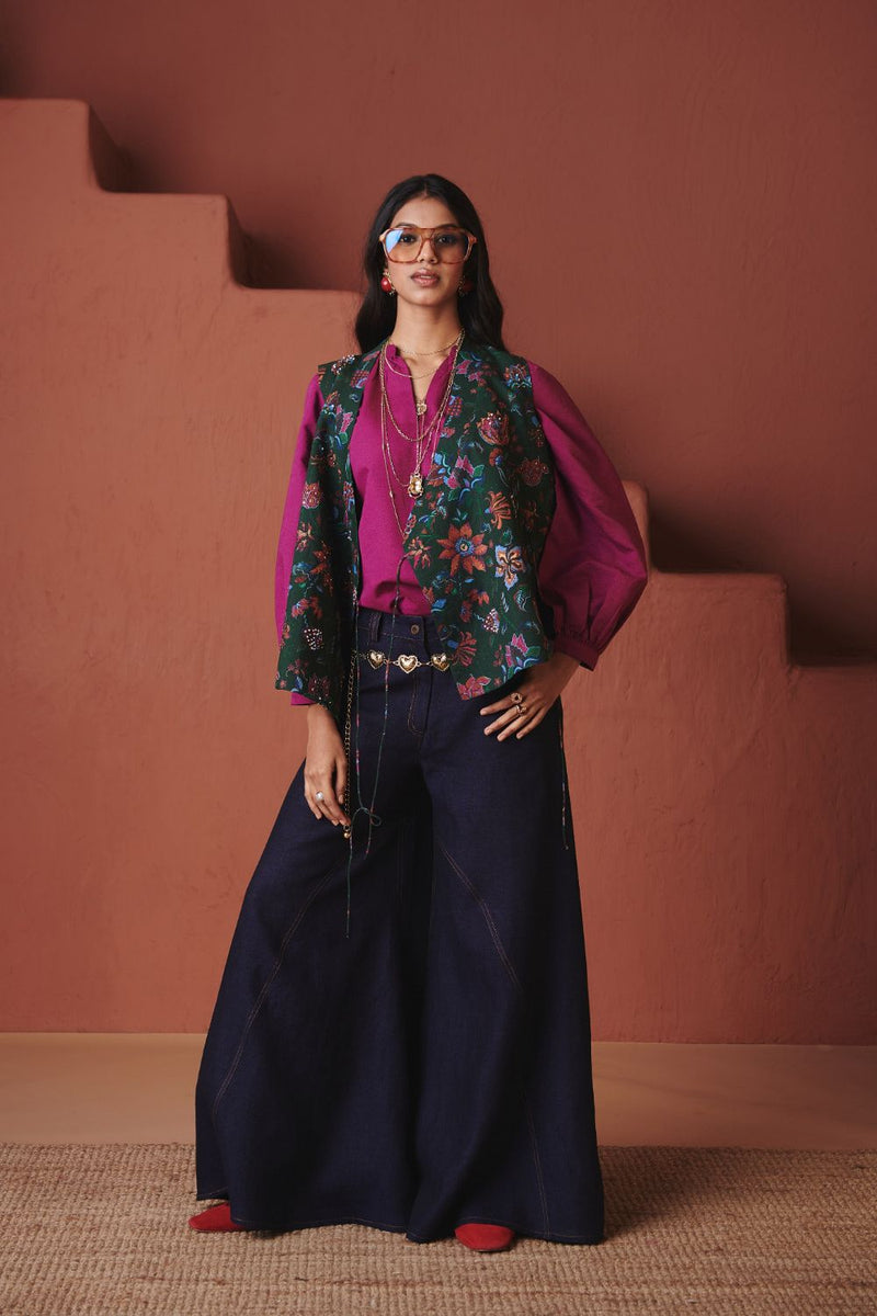 Paan Chintz Co Linen Wrap Waistcoat cotton by Saphed in green color for women Worldwide