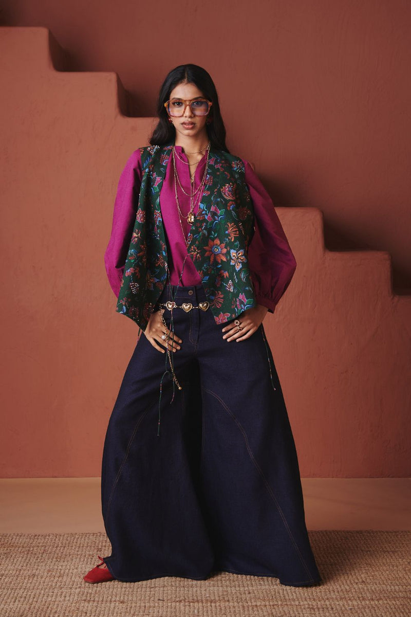 Paan Chintz Co Linen Wrap Waistcoat cotton by Saphed in green color for women Worldwide