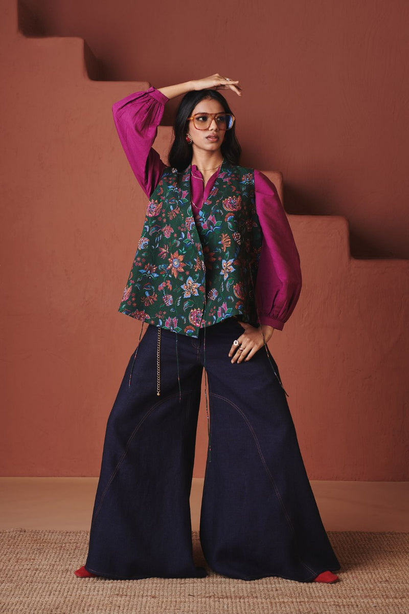 Paan Chintz Co Linen Wrap Waistcoat cotton by Saphed in green color for women Worldwide