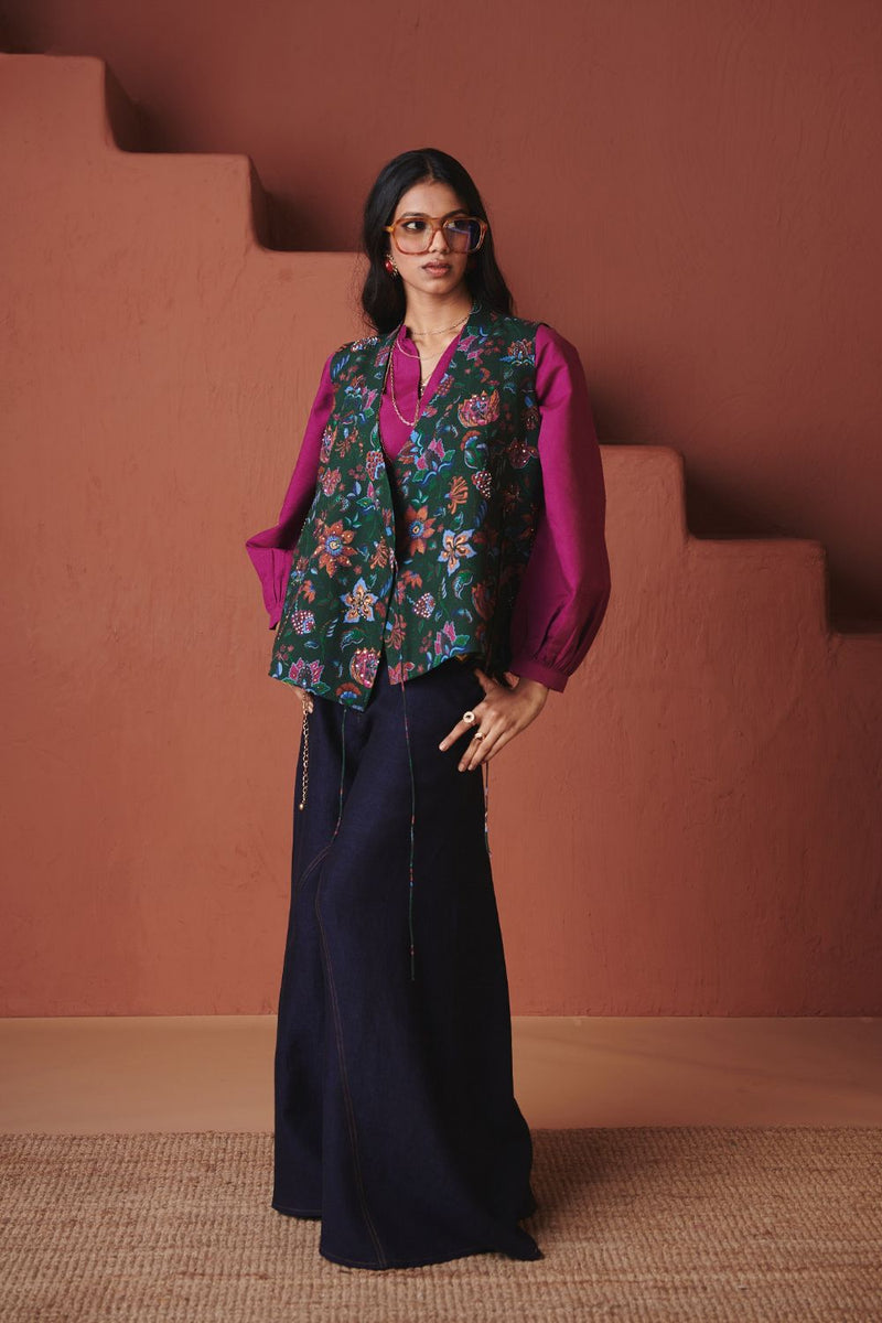 Paan Chintz Co Linen Wrap Waistcoat cotton by Saphed in green color for women Worldwide