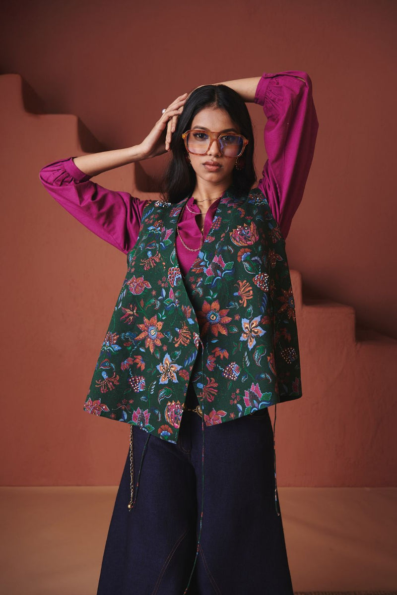 Paan Chintz Co Linen Wrap Waistcoat cotton by Saphed in green color for women Worldwide