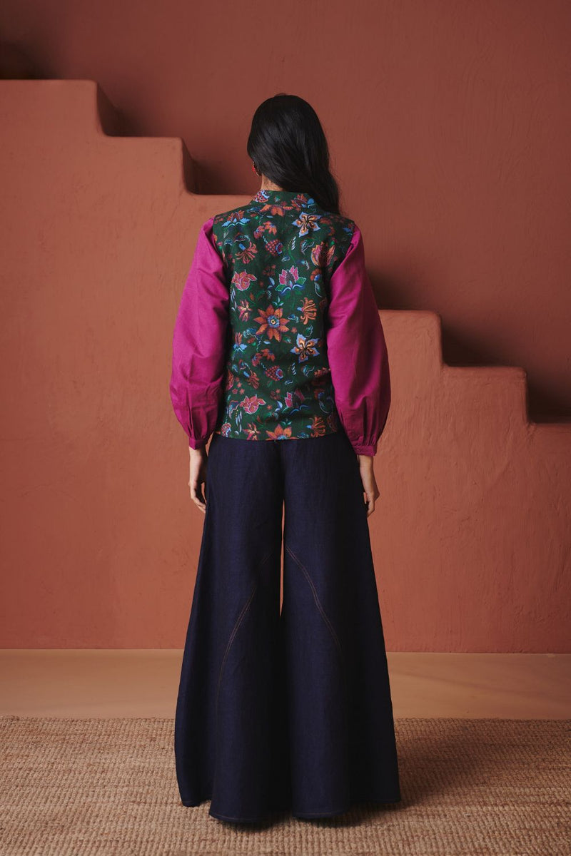 Paan Chintz Co Linen Wrap Waistcoat cotton by Saphed in green color for women Worldwide