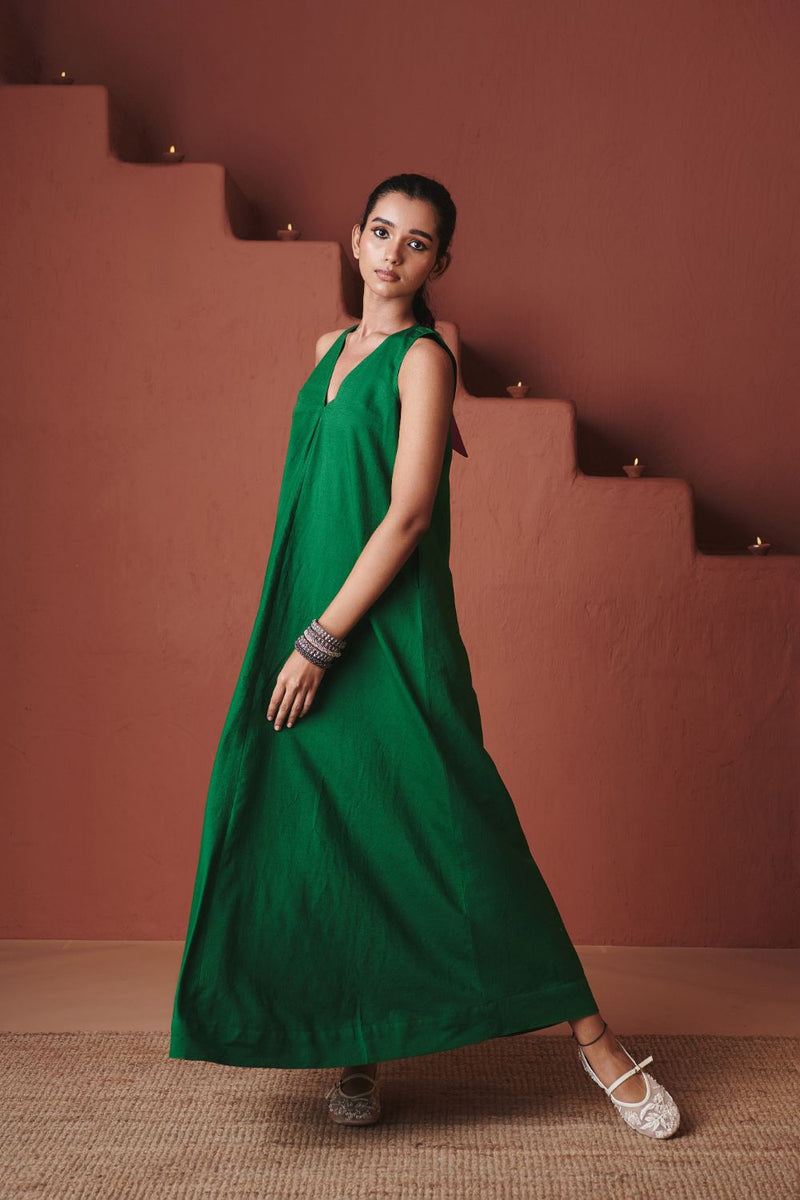 Panna Linen Flared Dress cotton by Saphed in green color for women Worldwide