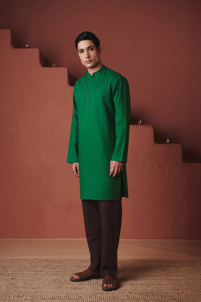 Panna Linen Men's Classic Kurta cotton by Saphed in green color for men Worldwide