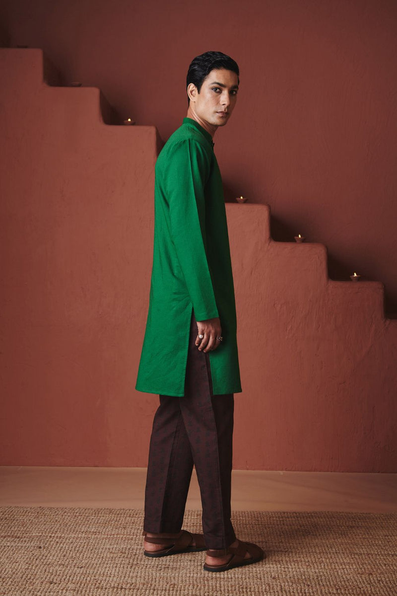 Panna Linen Men's Classic Kurta cotton by Saphed in green color for men Worldwide