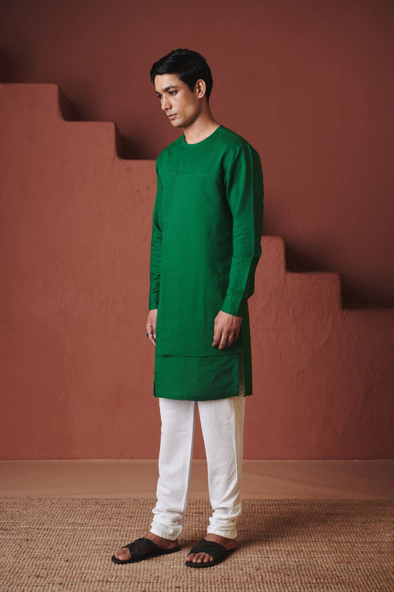 Panna Linen Men's Side Panel Kurta cotton by Saphed in green color for men Worldwide