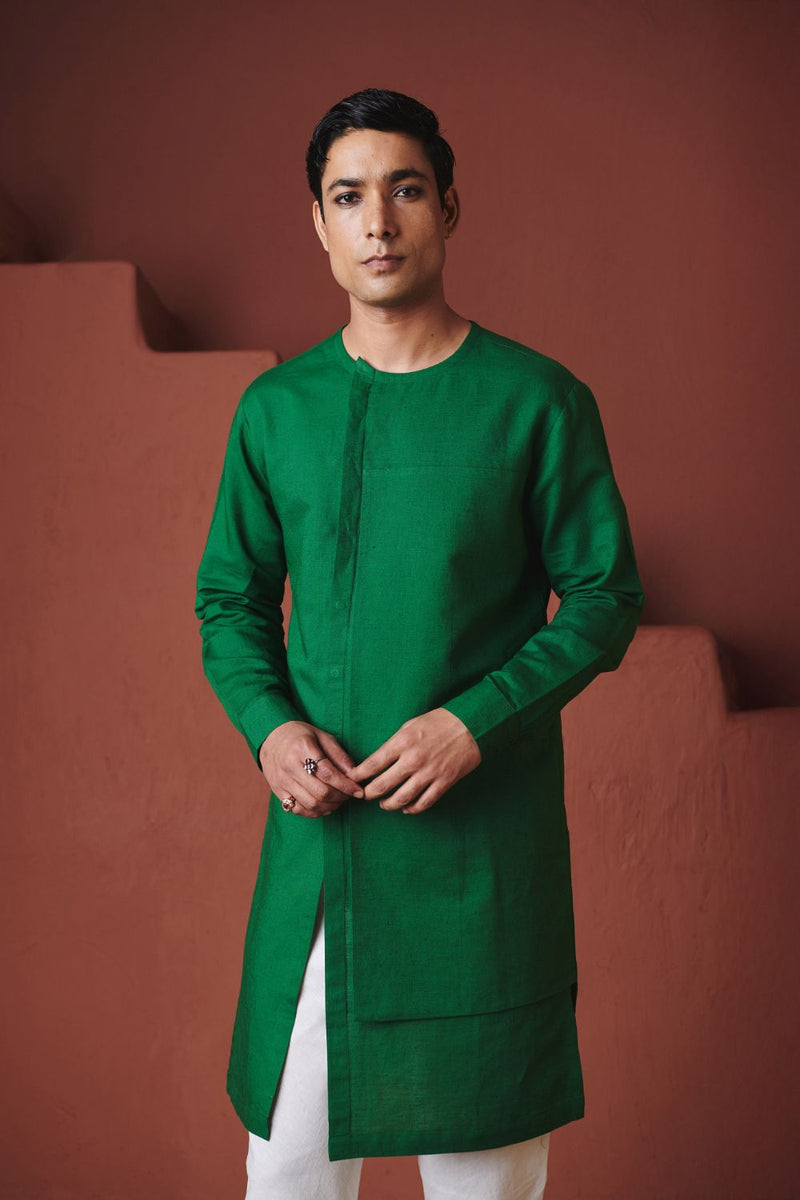 Panna Linen Men's Side Panel Kurta cotton by Saphed in green color for men Worldwide