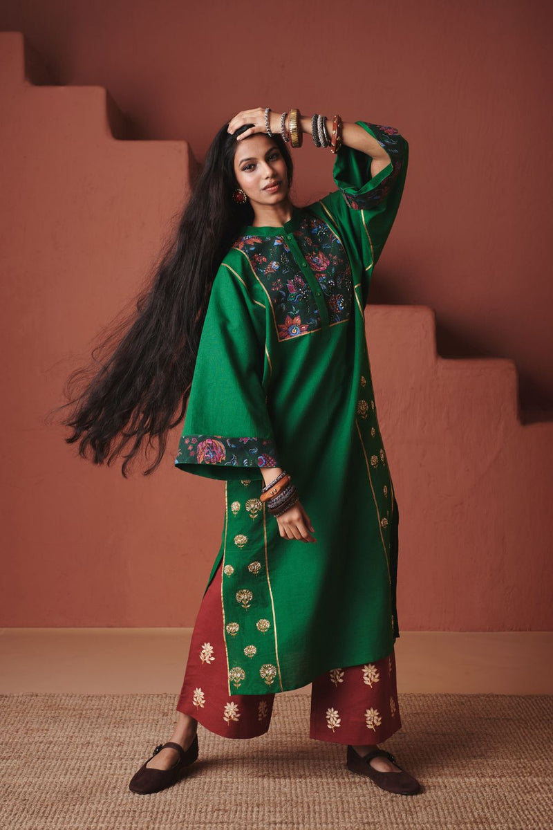 Panna Linen Multi-Panelled Kurta Set cotton by Saphed in multi color for women Worldwide