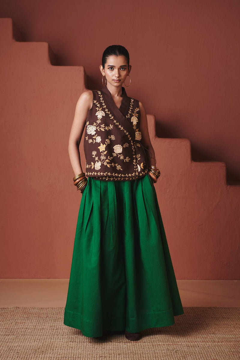 Panna Linen Multi-Pleated Pants cotton by Saphed in green color for women Worldwide