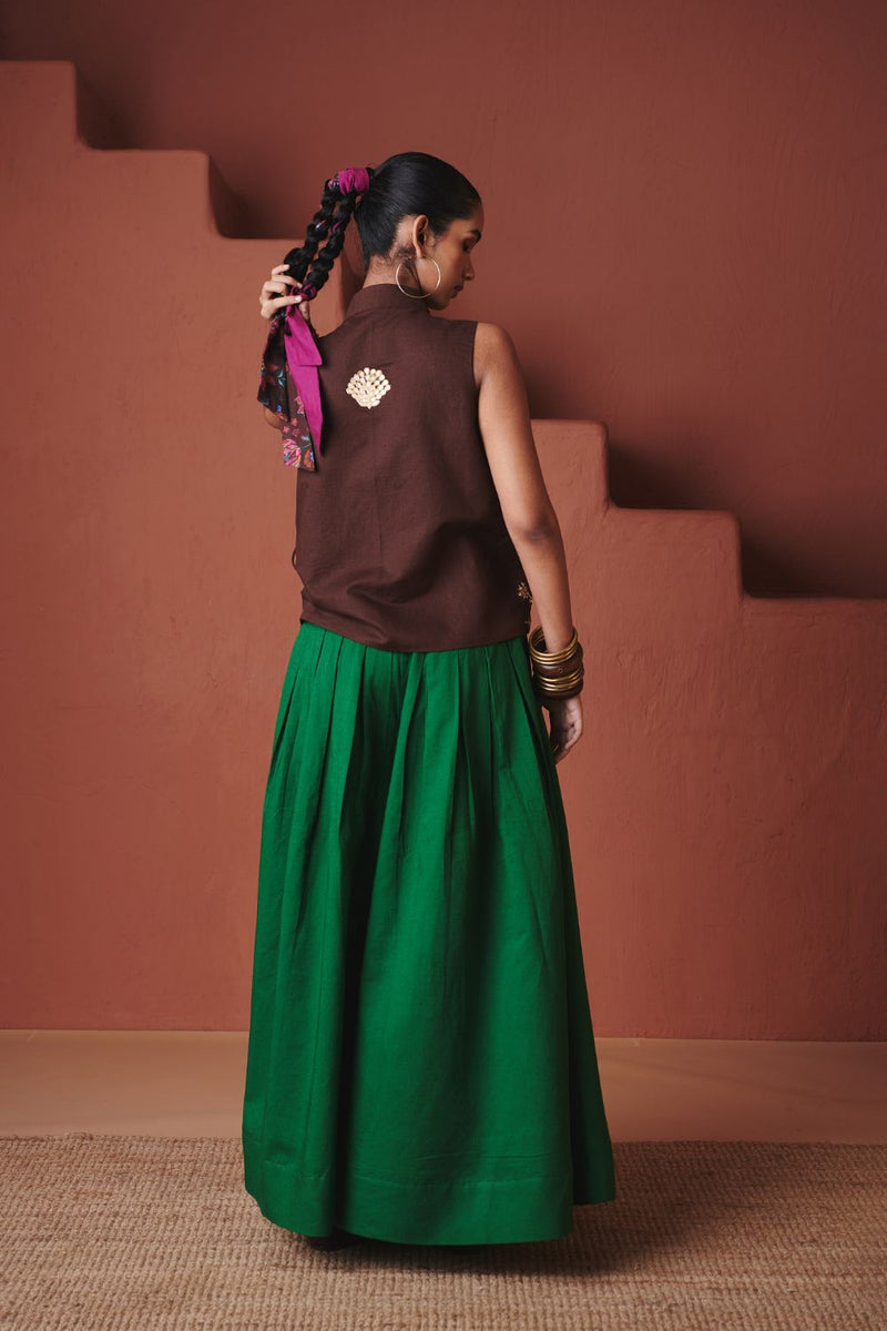 Panna Linen Multi-Pleated Pants cotton by Saphed in green color for women Worldwide