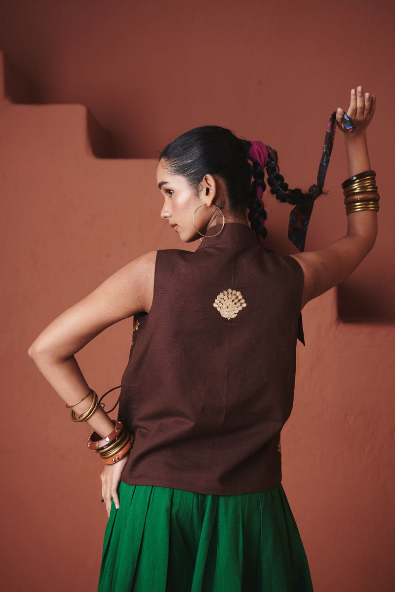 Panna Linen Multi-Pleated Pants cotton by Saphed in green color for women Worldwide