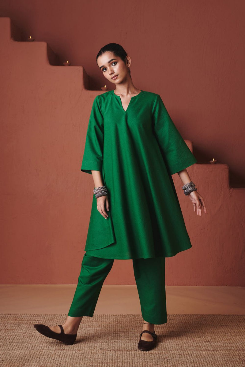Panna Linen Pheran Kurta Set cotton by Saphed in green color for women Worldwide