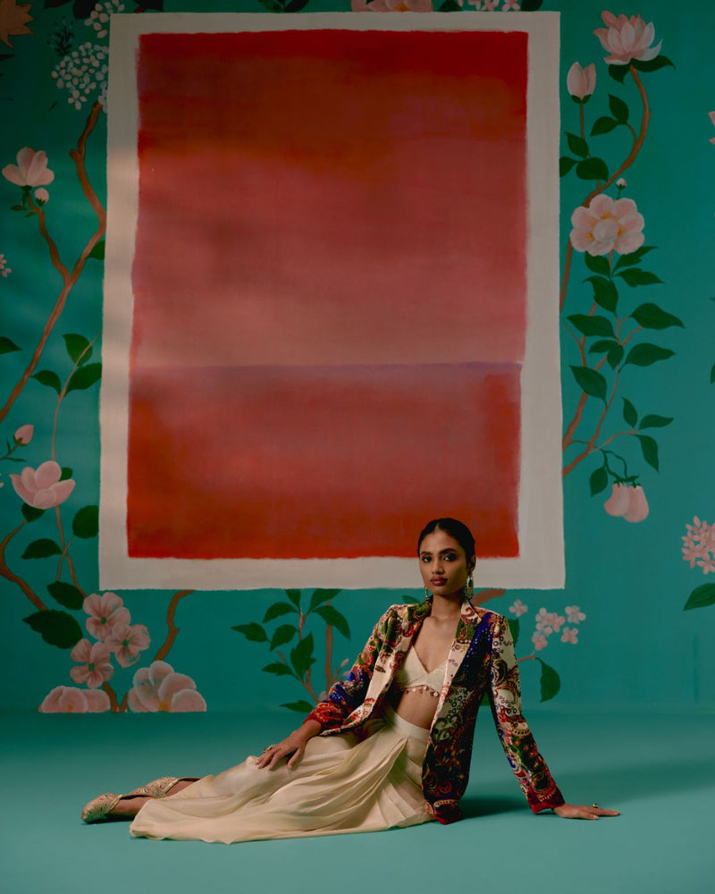 Paisley Blazer Dhoti Set by Label Mogra in ecru color for women Worldwide