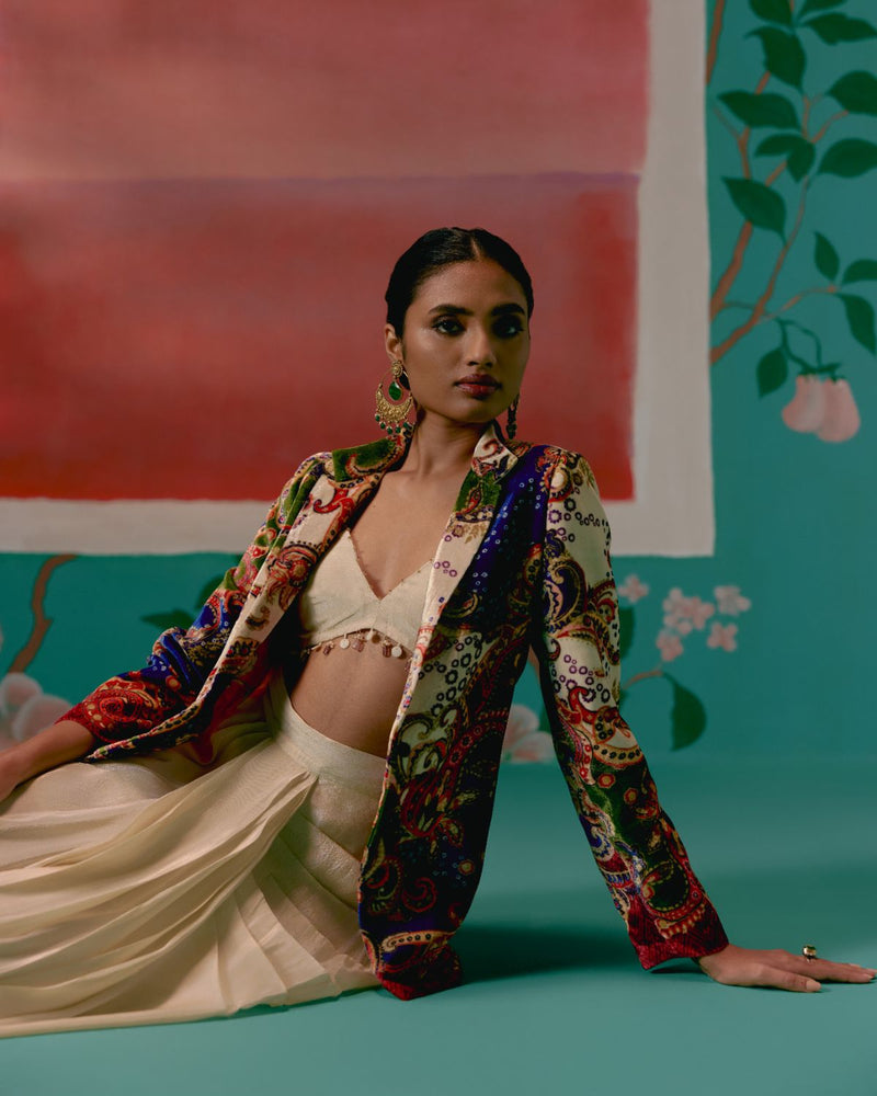 Paisley Blazer Dhoti Set by Label Mogra in ecru color for women Worldwide
