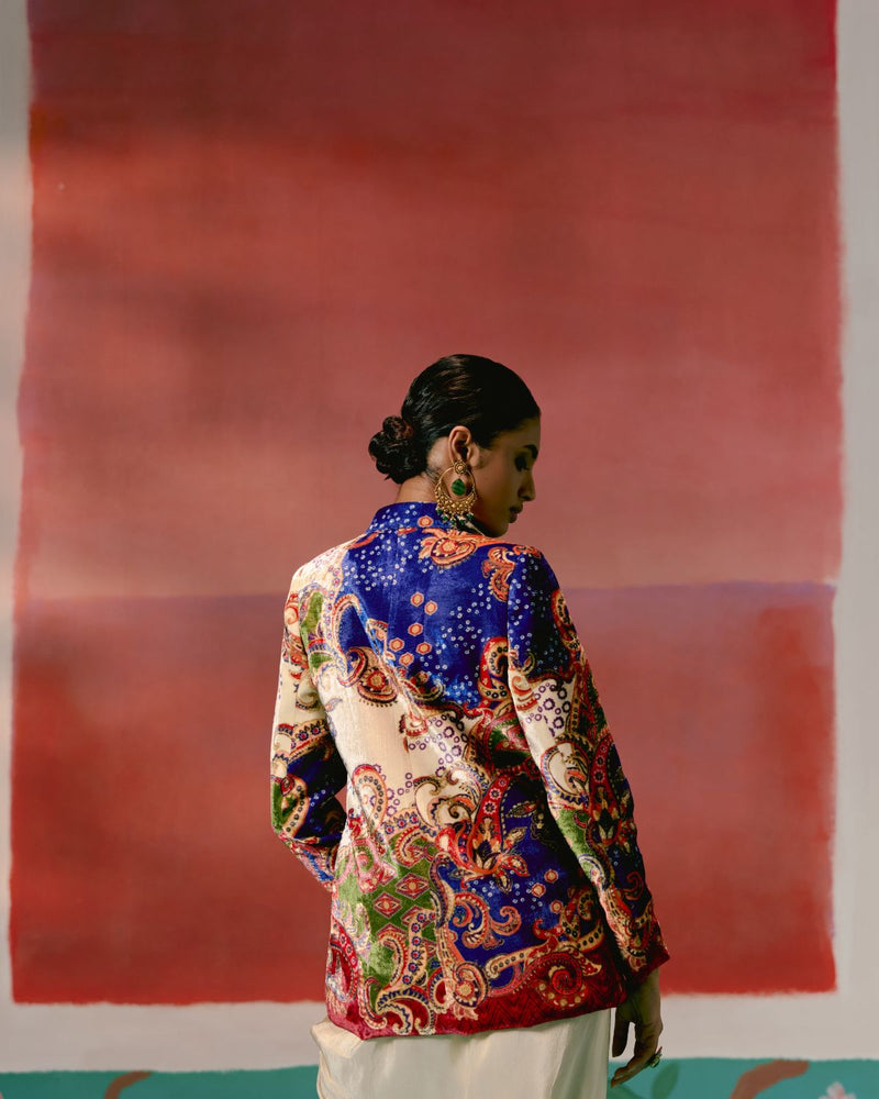 Paisley Blazer Dhoti Set by Label Mogra in ecru color for women Worldwide