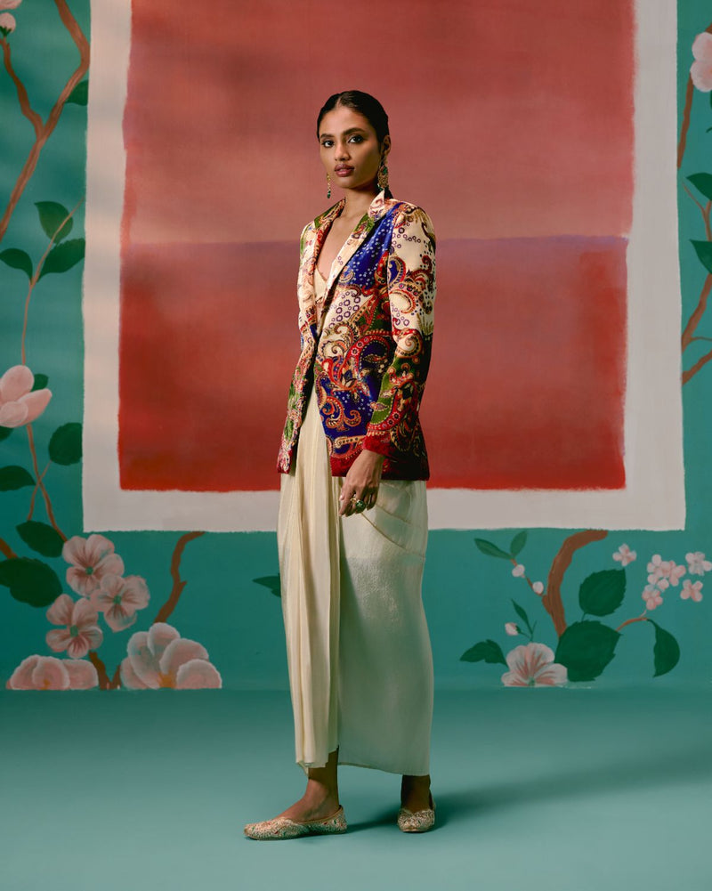 Paisley Blazer Dhoti Set by Label Mogra in ecru color for women Worldwide