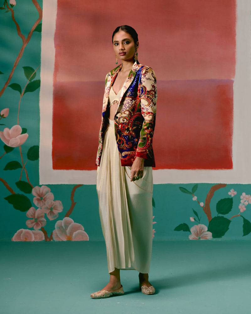 Paisley Blazer Dhoti Set by Label Mogra in ecru color for women Worldwide
