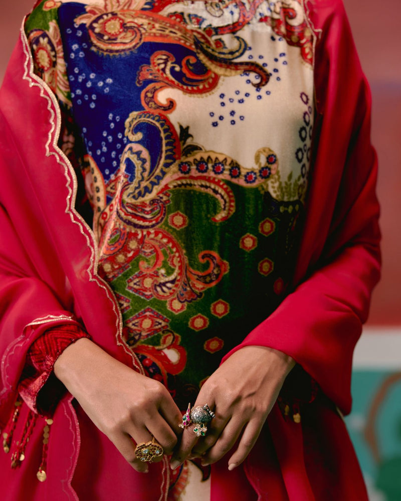 Paisley Velvet Kurta Set by Label Mogra in red color for women Worldwide