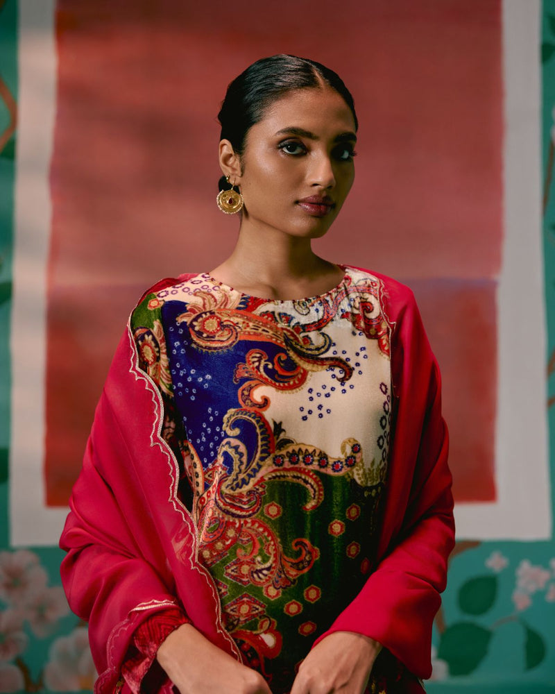 Paisley Velvet Kurta Set by Label Mogra in red color for women Worldwide