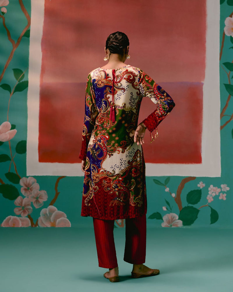 Paisley Velvet Kurta Set by Label Mogra in red color for women Worldwide