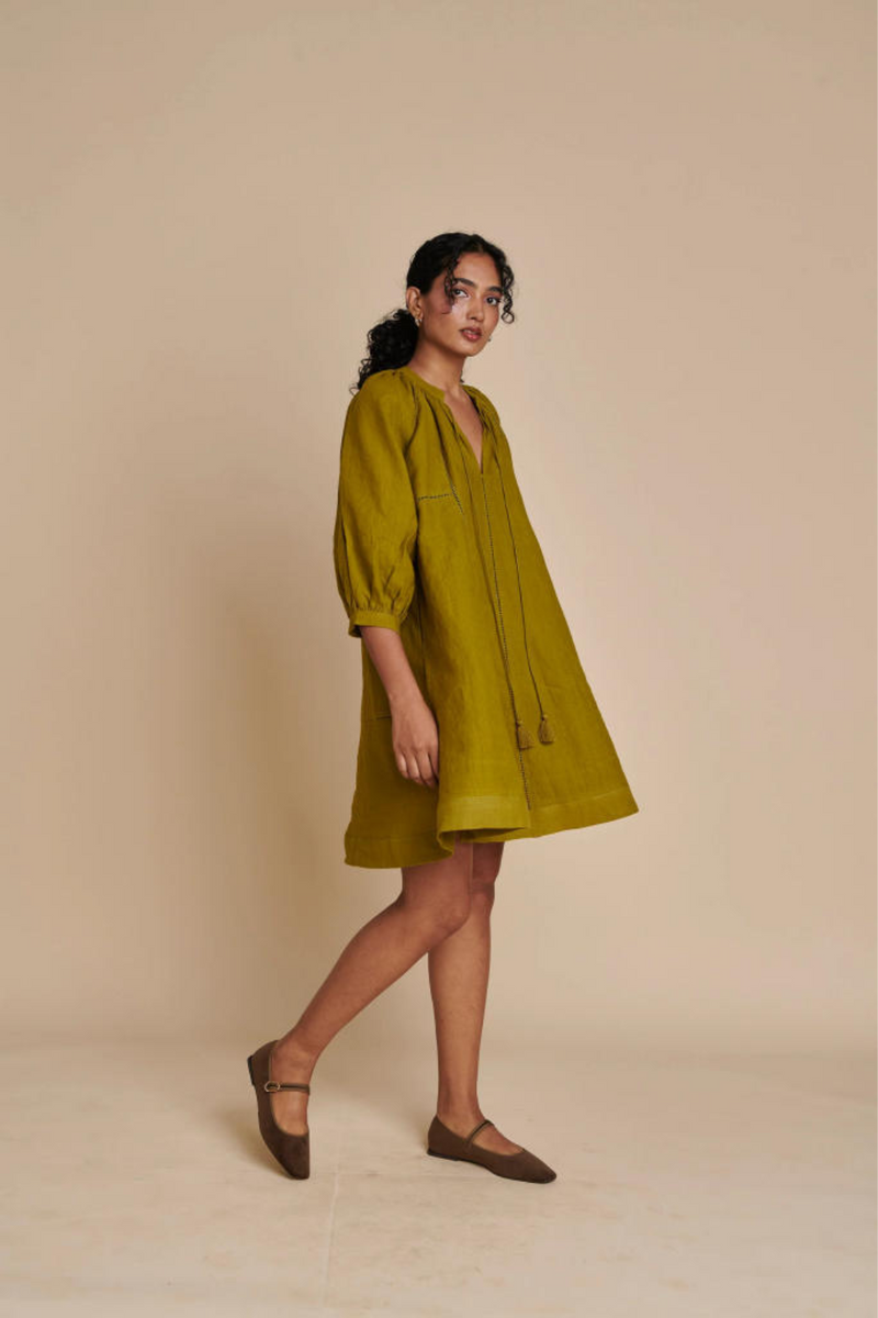 Mehendi Linen Lace Panelled Dress linen by Saphed in green color for women Worldwide