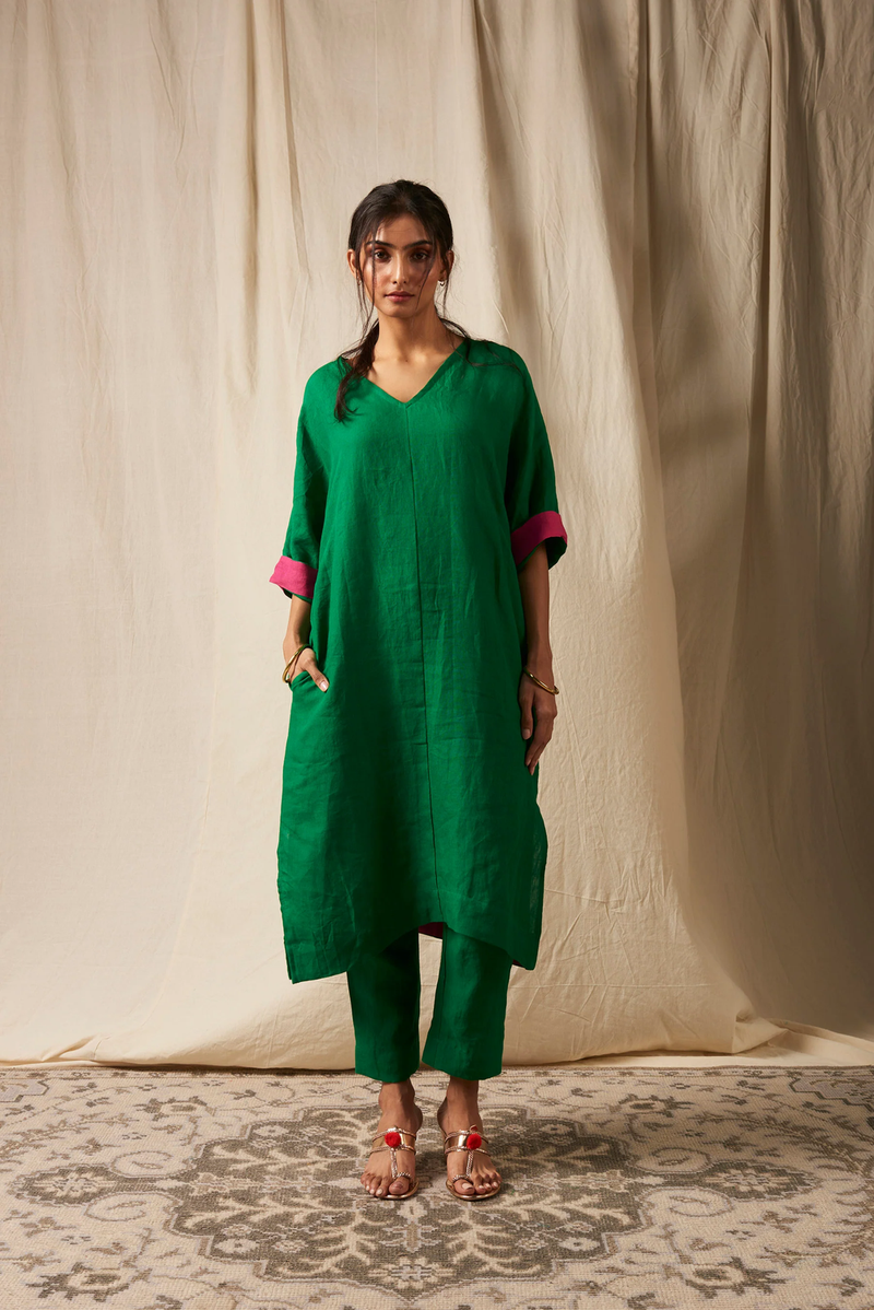 Panna Linen Dolman Kurta Set linen by Saphed in green color for women Worldwide