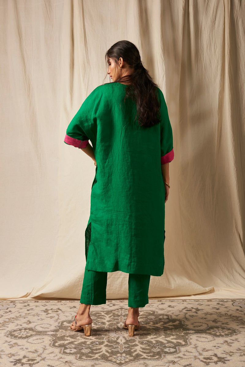 Panna Linen Dolman Kurta Set linen by Saphed in green color for women Worldwide