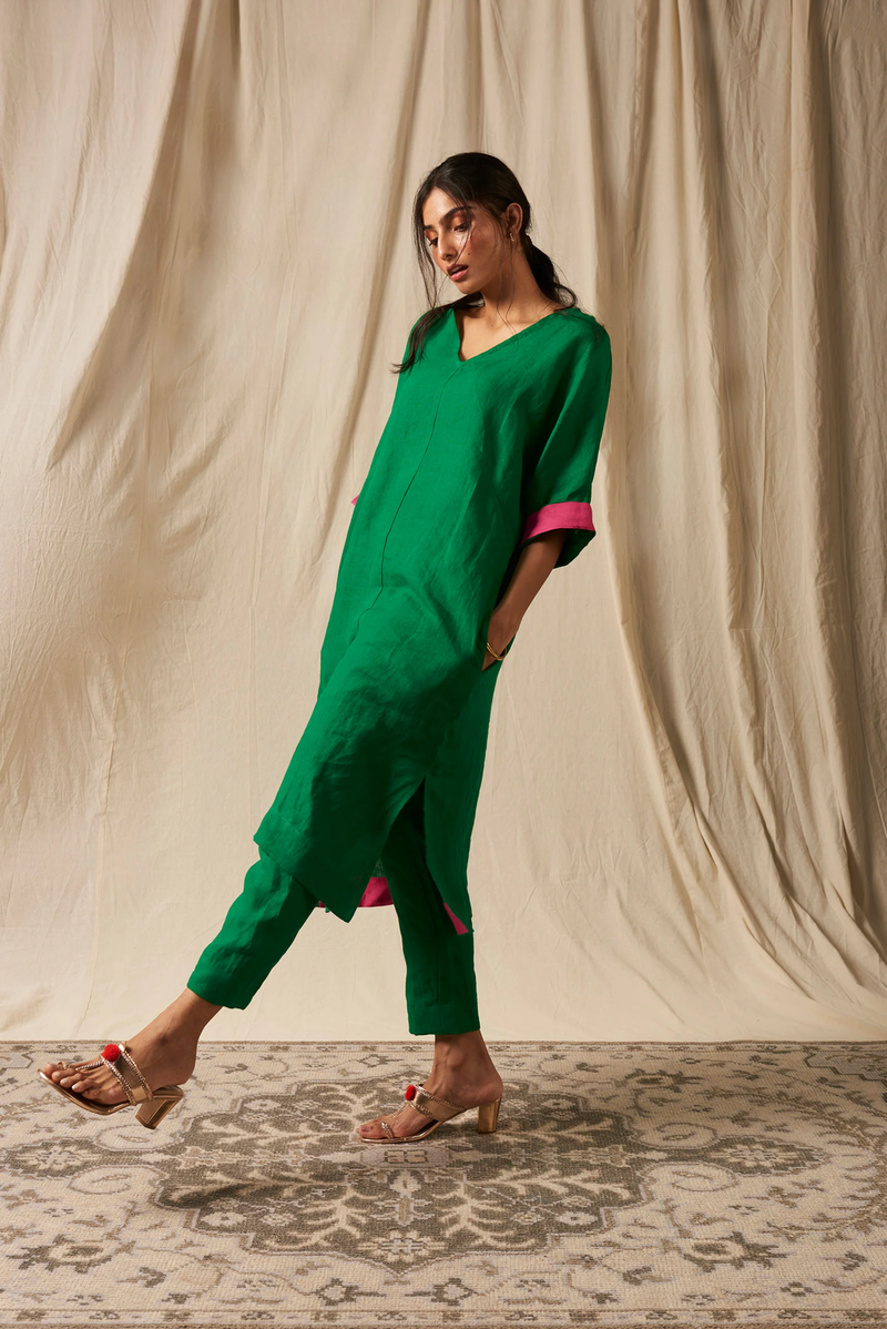 Panna Linen Dolman Kurta Set linen by Saphed in green color for women Worldwide