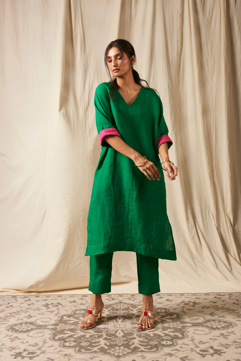 Panna Linen Dolman Kurta Set linen by Saphed in green color for women Worldwide