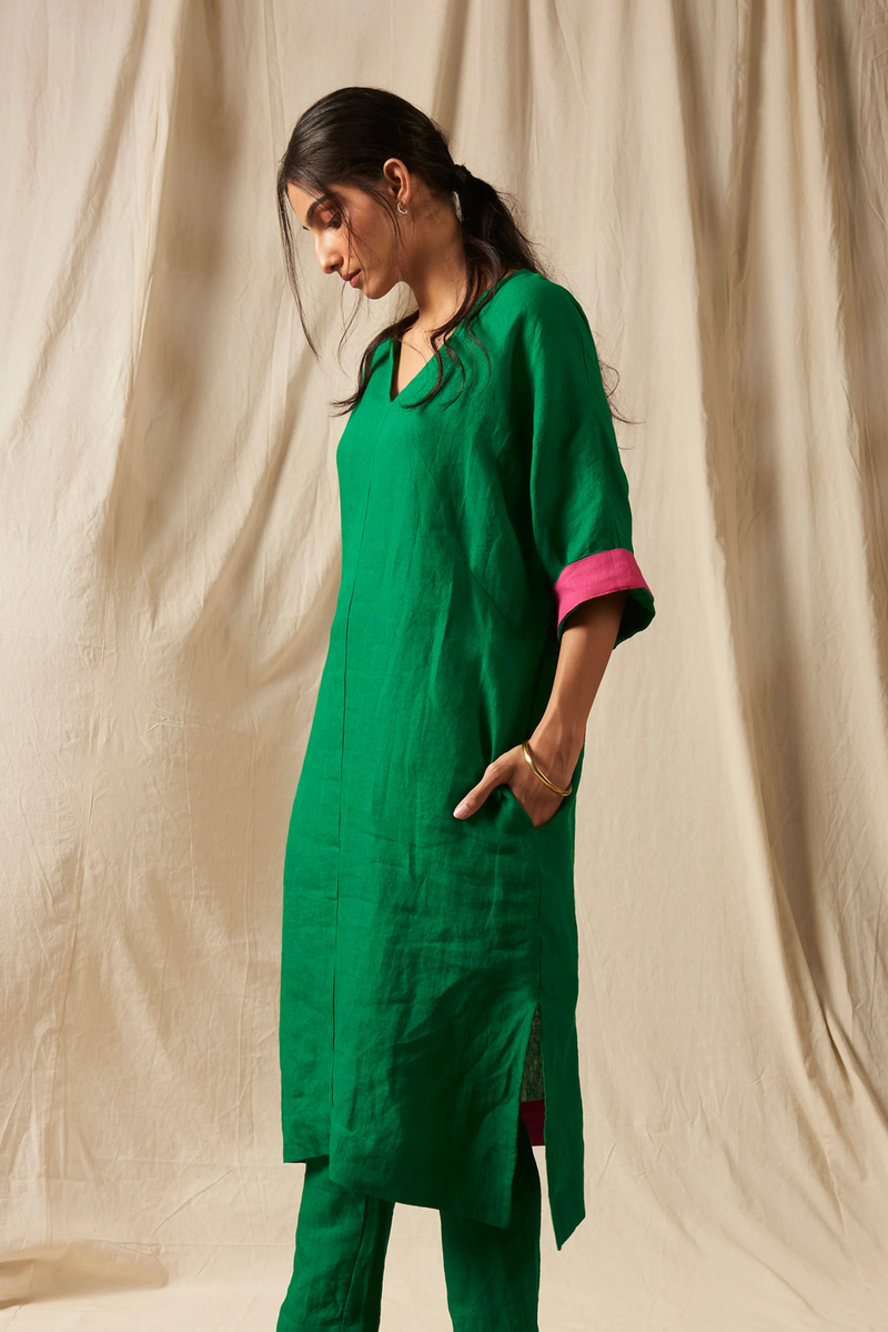 Panna Linen Dolman Kurta Set linen by Saphed in green color for women Worldwide