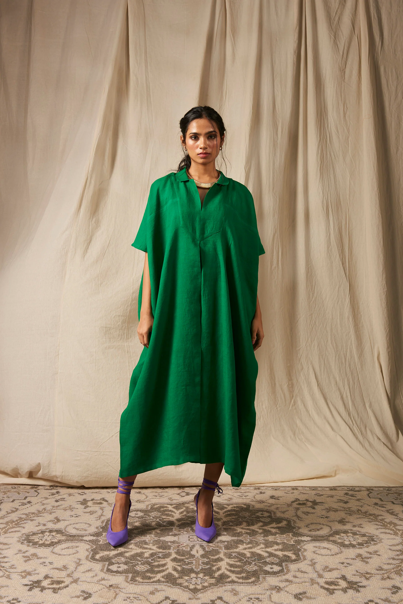 Panna Linen Kaftan Dress linen by Saphed in green color for women Worldwide