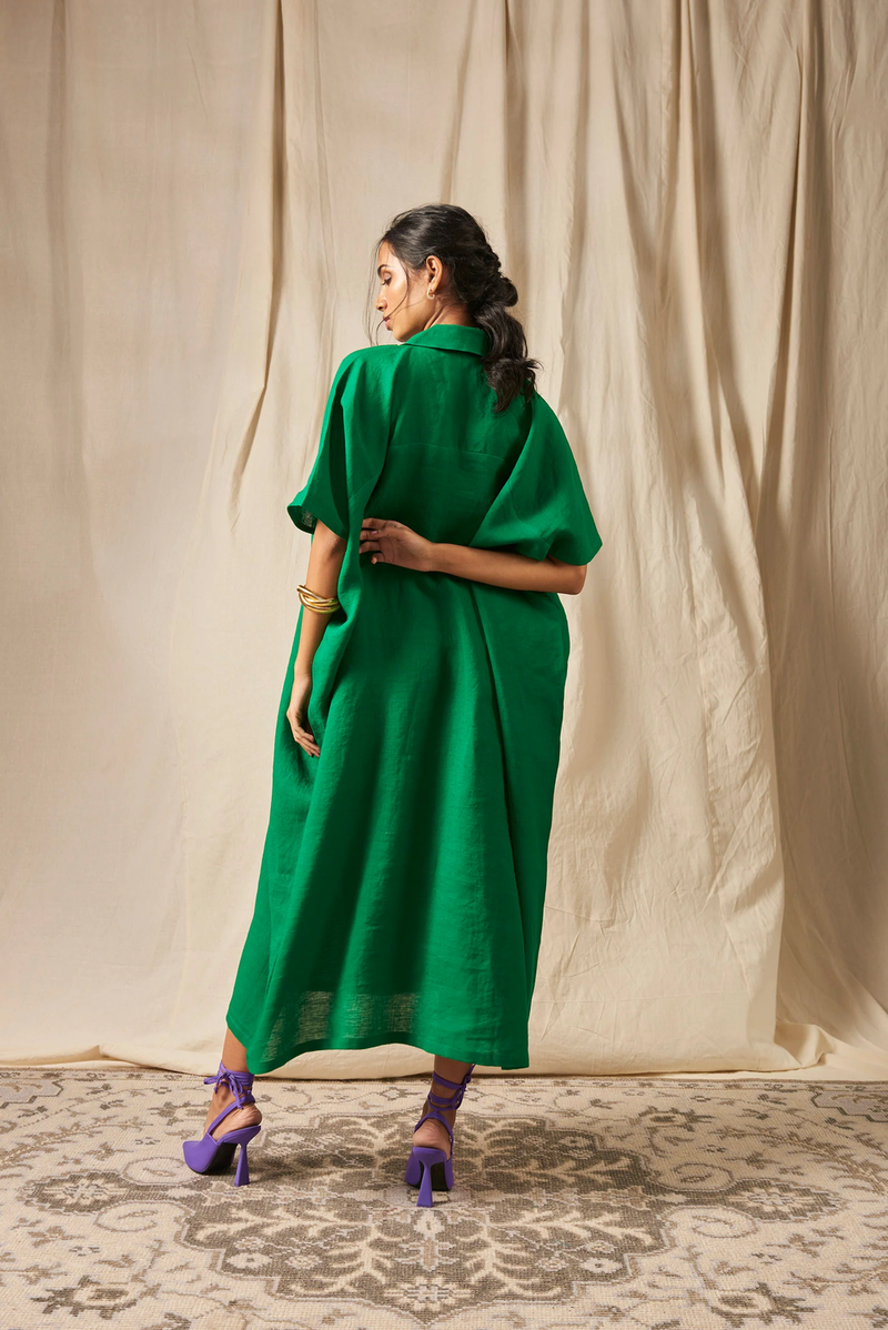 Panna Linen Kaftan Dress linen by Saphed in green color for women Worldwide