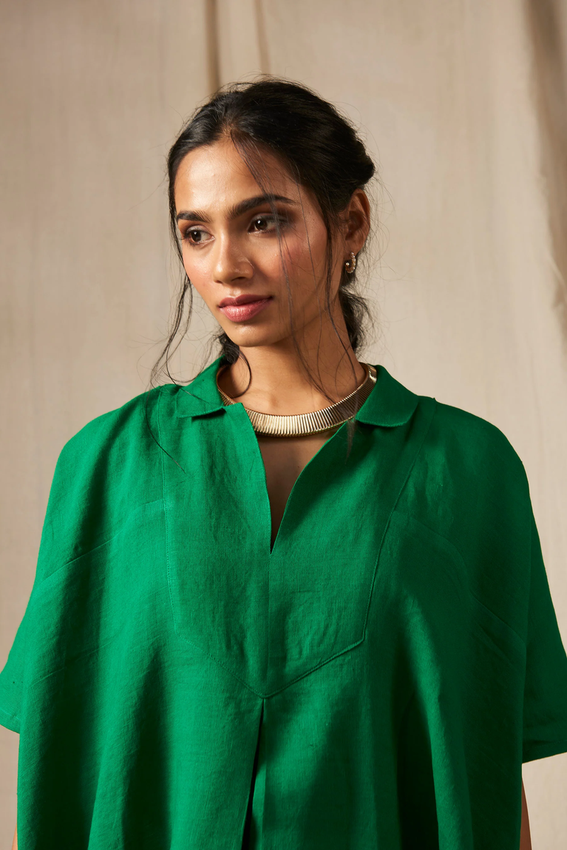 Panna Linen Kaftan Dress linen by Saphed in green color for women Worldwide
