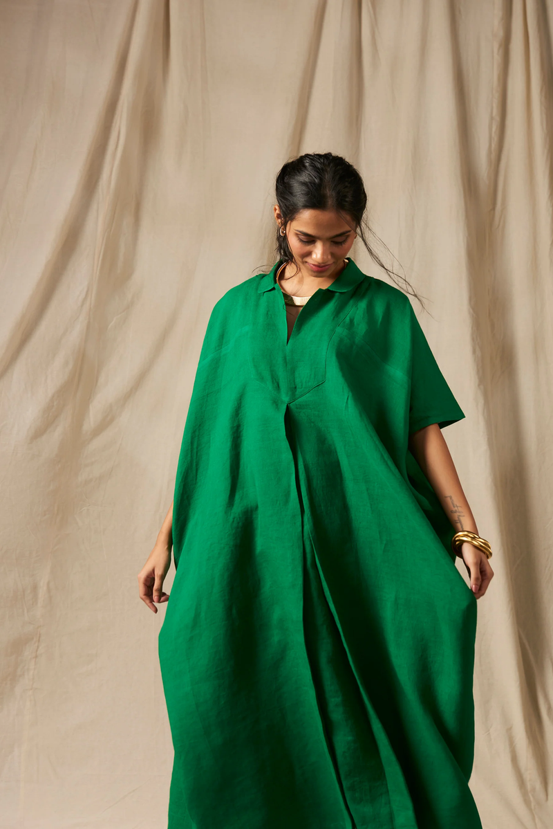 Panna Linen Kaftan Dress linen by Saphed in green color for women Worldwide