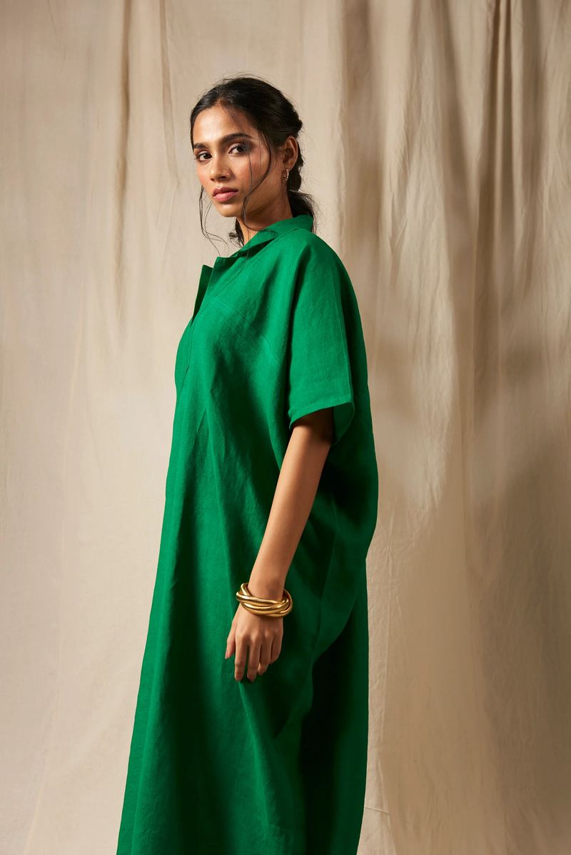 Panna Linen Kaftan Dress linen by Saphed in green color for women Worldwide