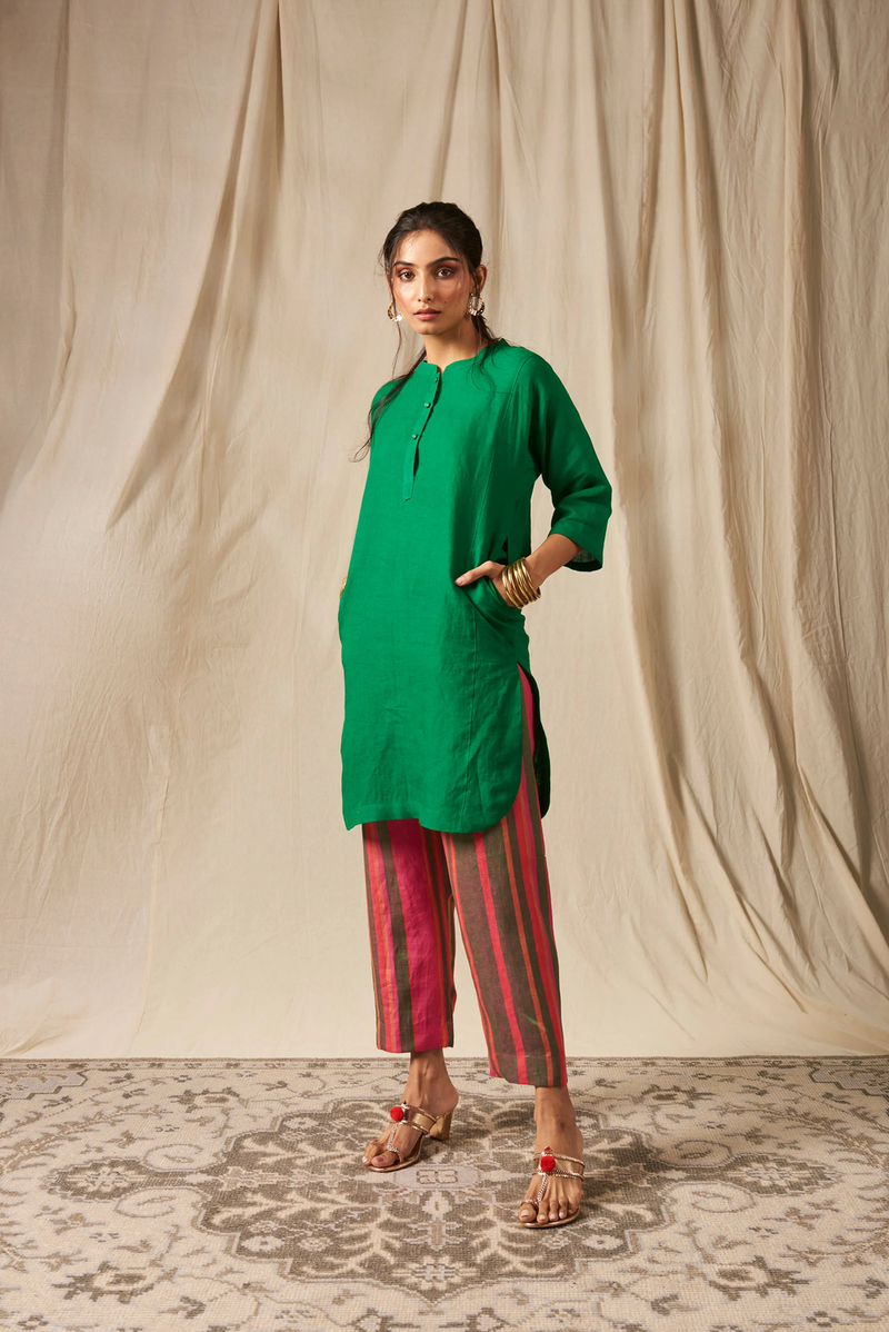 Panna Linen Panelled Kurta Set linen by Saphed in green color for women Worldwide
