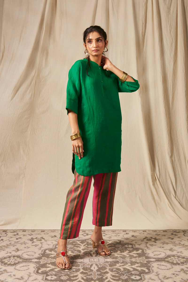 Panna Linen Panelled Kurta Set linen by Saphed in green color for women Worldwide