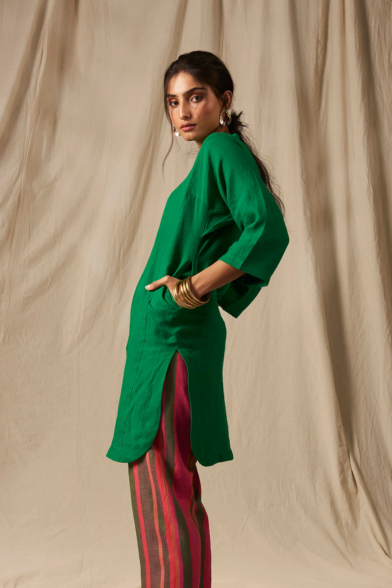 Panna Linen Panelled Kurta Set linen by Saphed in green color for women Worldwide