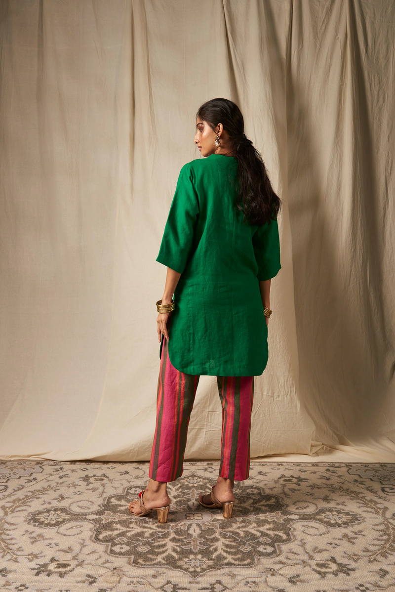Panna Linen Panelled Kurta Set linen by Saphed in green color for women Worldwide
