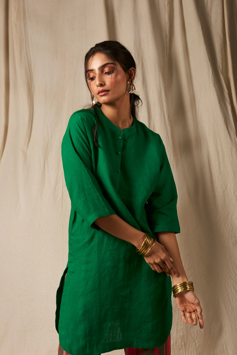 Panna Linen Panelled Kurta Set linen by Saphed in green color for women Worldwide