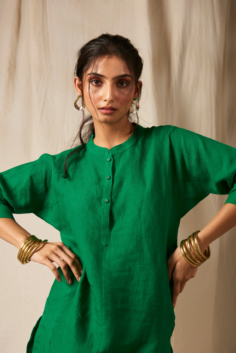 Panna Linen Panelled Kurta Set linen by Saphed in green color for women Worldwide