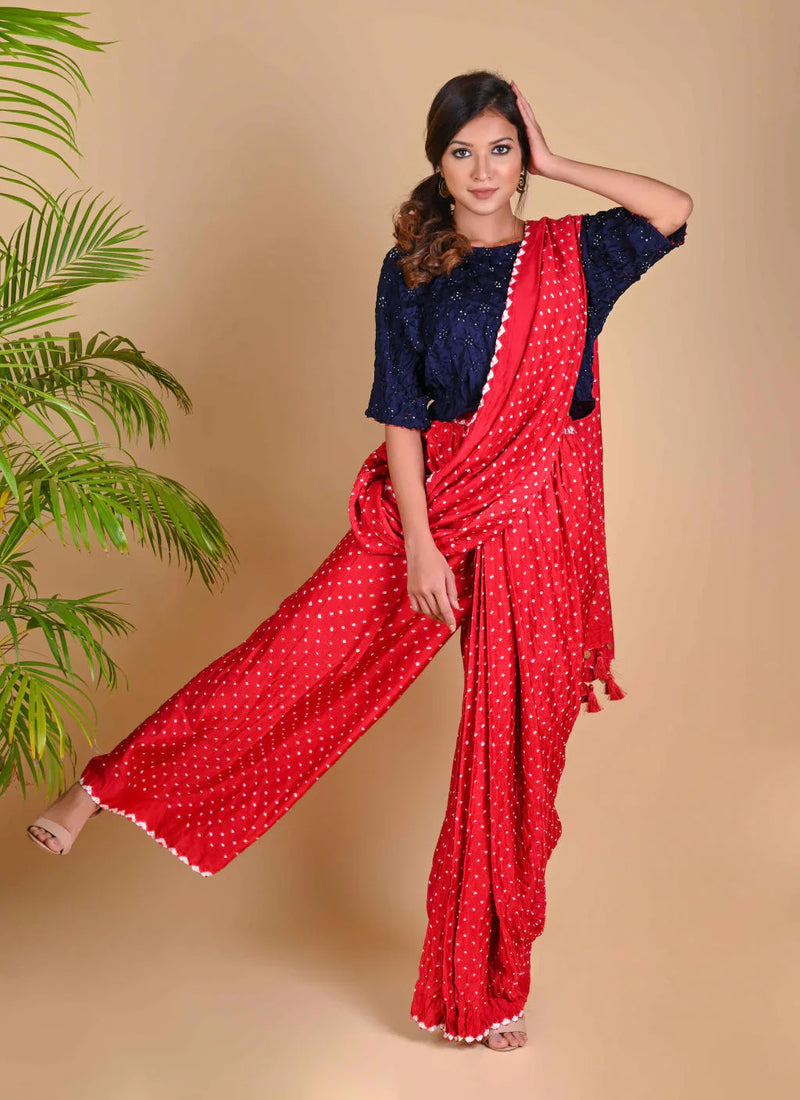 PANT SAREE-RED silk by Dyelogue in red color for women Worldwide