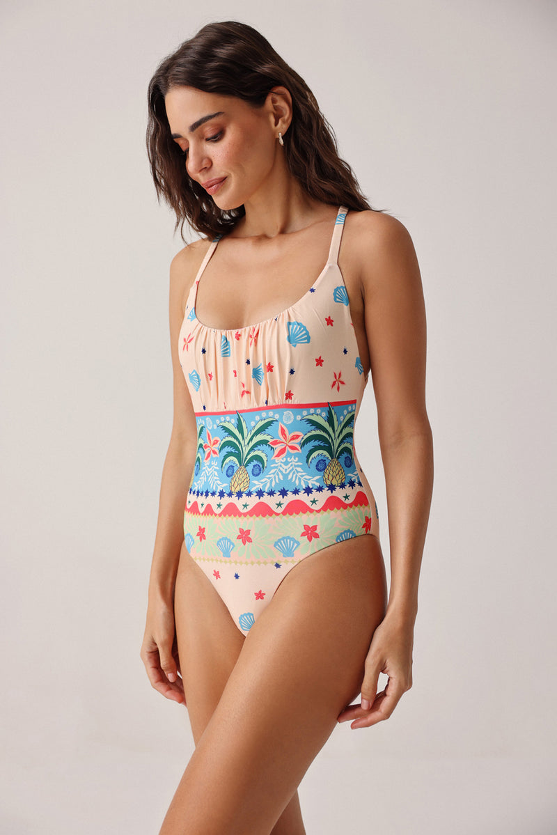 Paros Swimsuit-Ananas poly spandex resort wear by NOIB in pink for women Worldwide