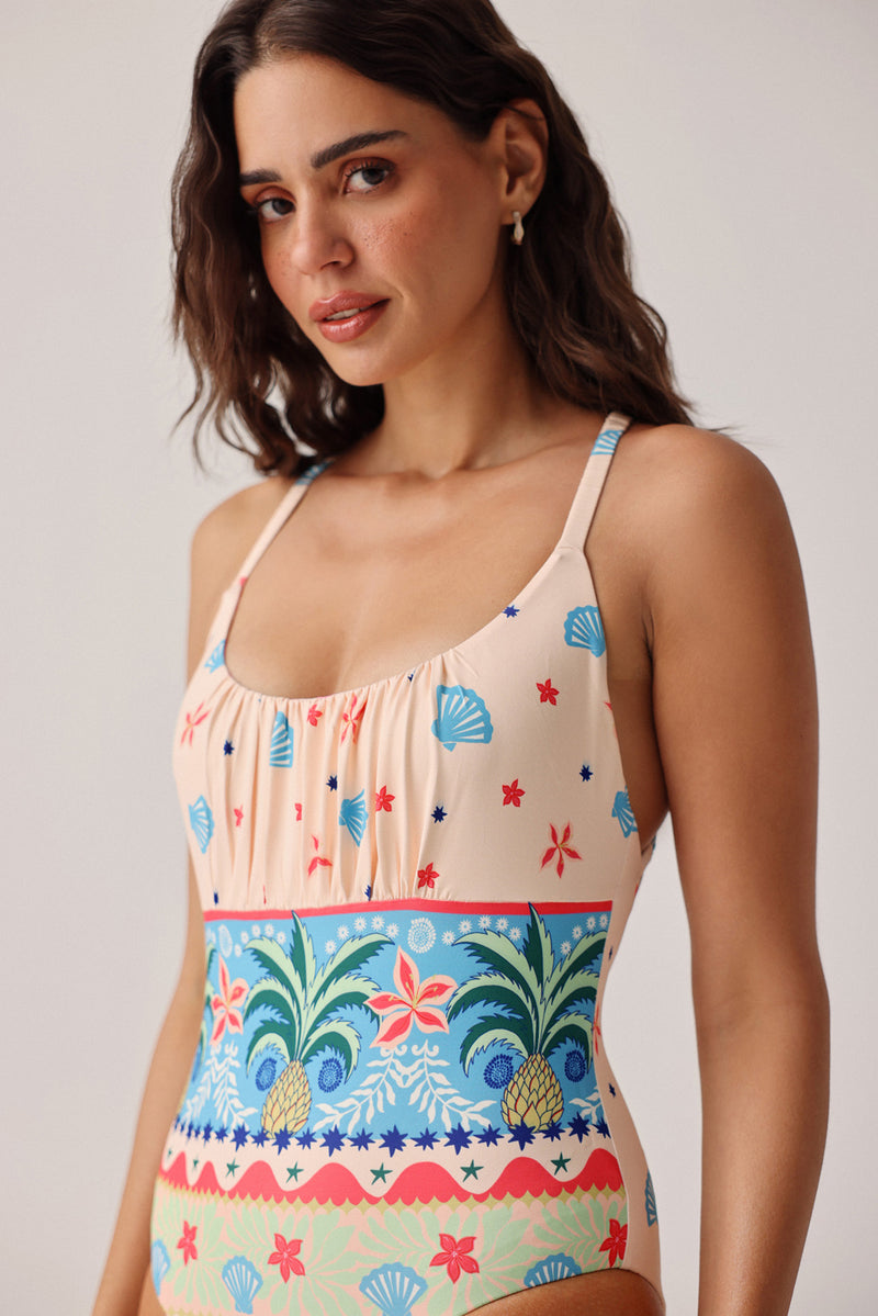 Paros Swimsuit-Ananas poly spandex resort wear by NOIB in pink for women Worldwide